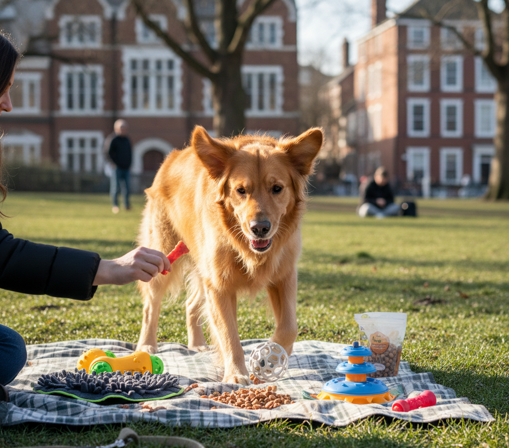 brain training in the park .dog play with toys