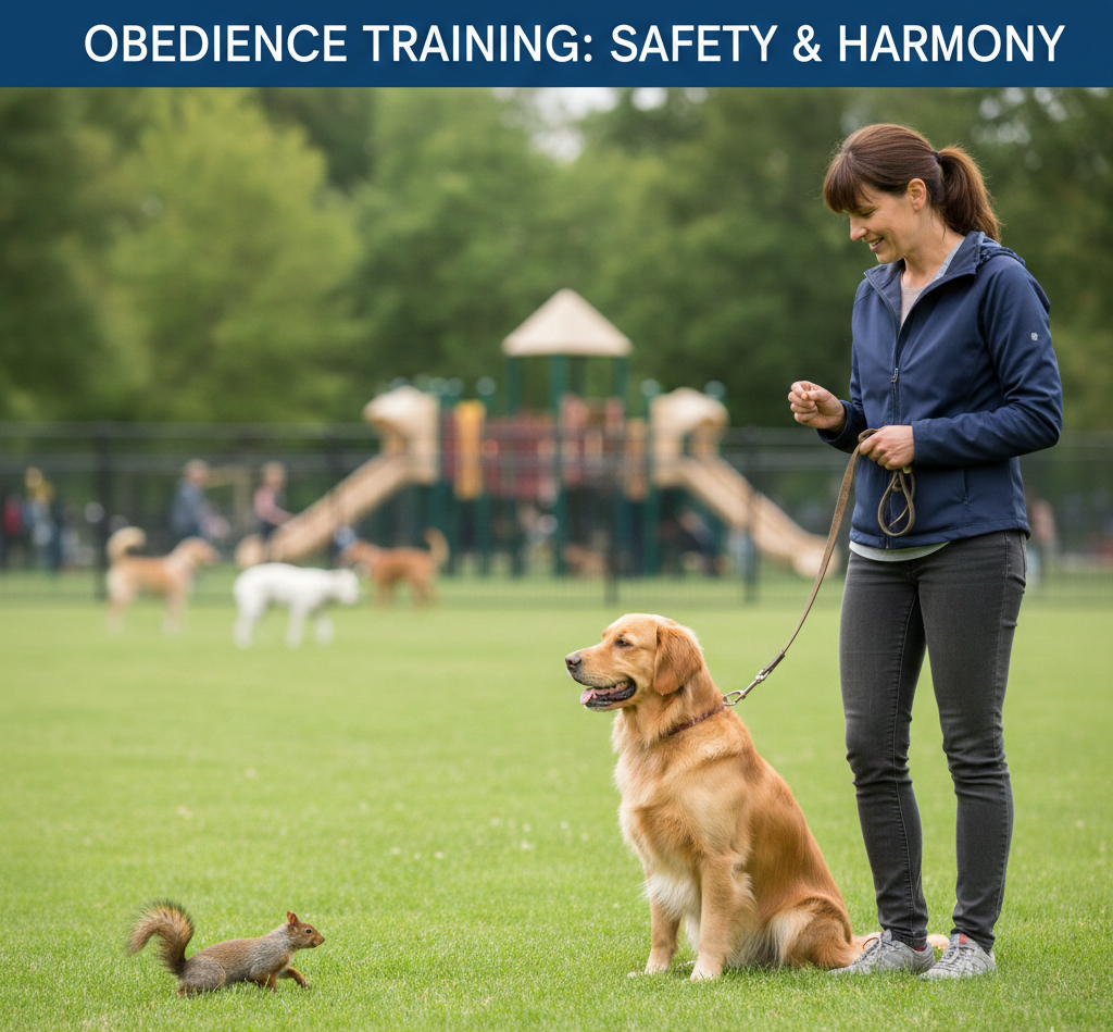 Obedience training of dog  in park.