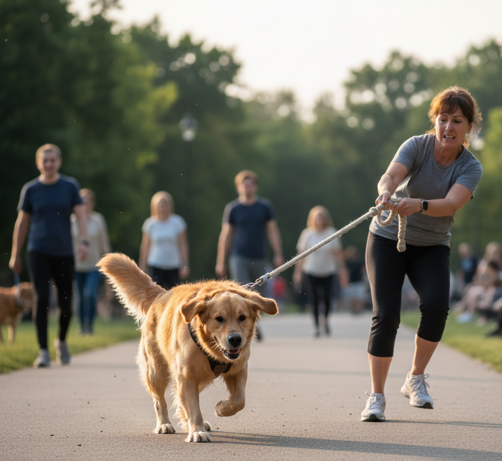 Leash pulling of woman  for obedience training.