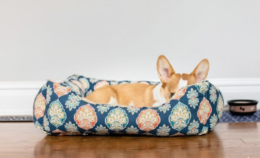 A small  dog lying curled up in a blue patterned dog on a  wooden floor. this is  including in dog commands