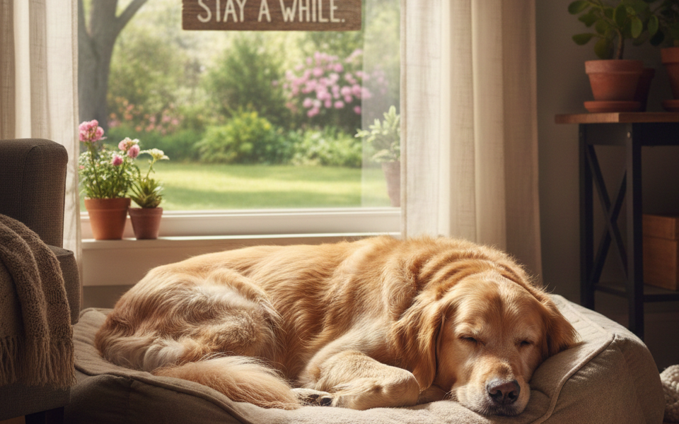 A dog sleeping peacefully on a cushion.