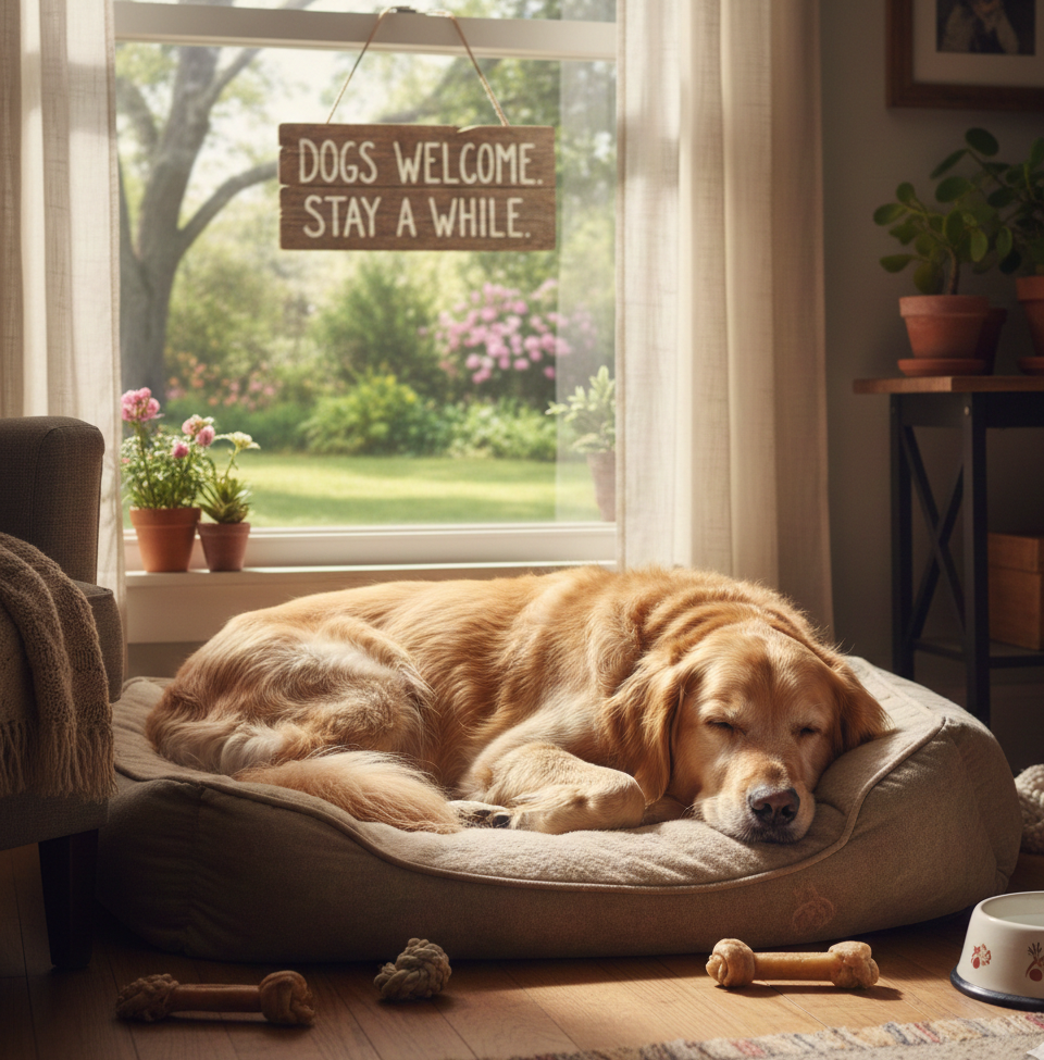 A dog sleeping peacefully on a cushion.