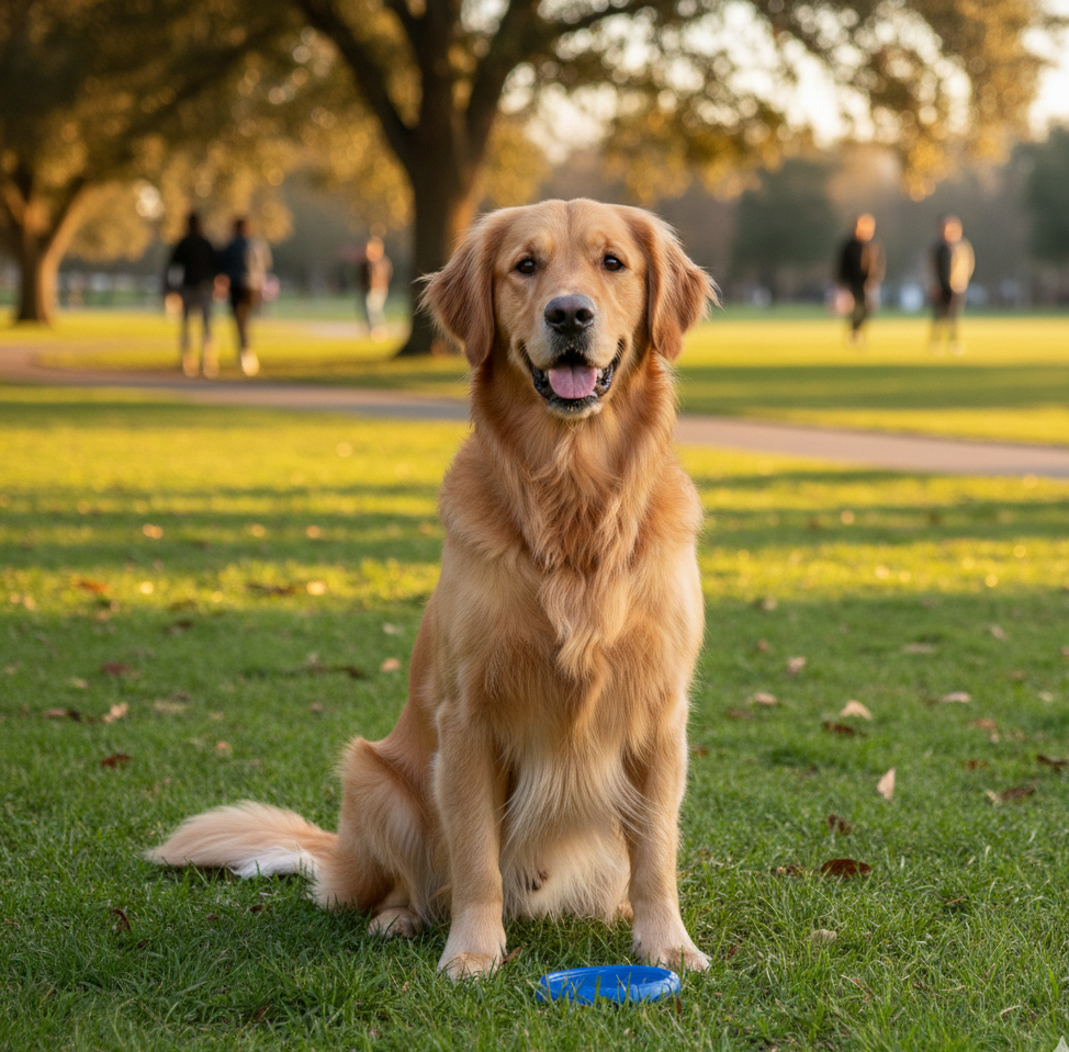 dog set on grass and  observe everthing   