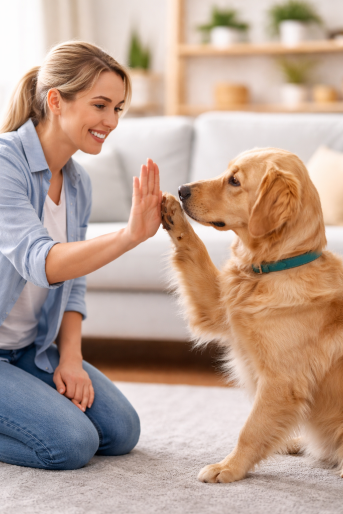 A dog learn  to touch your hand. 