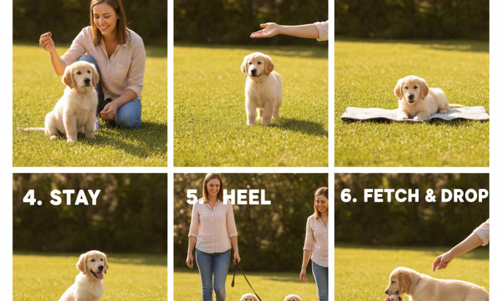 puppy traning command such as sit come down stay heel.