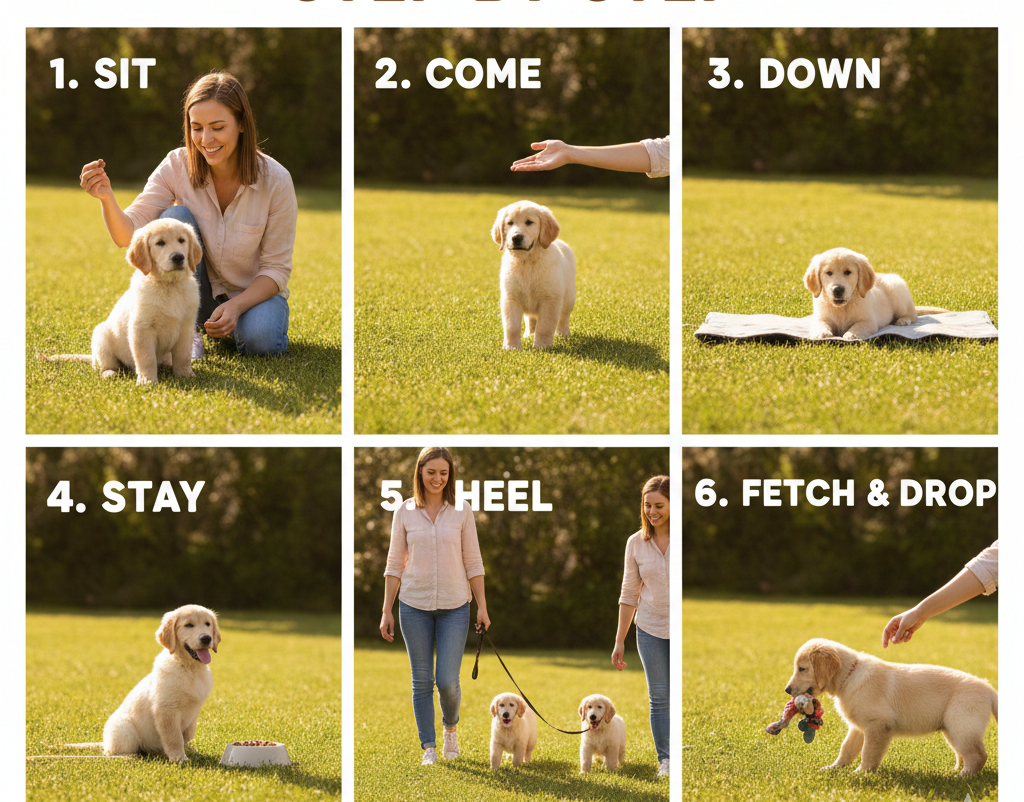puppy traning command such as sit come down stay heel.