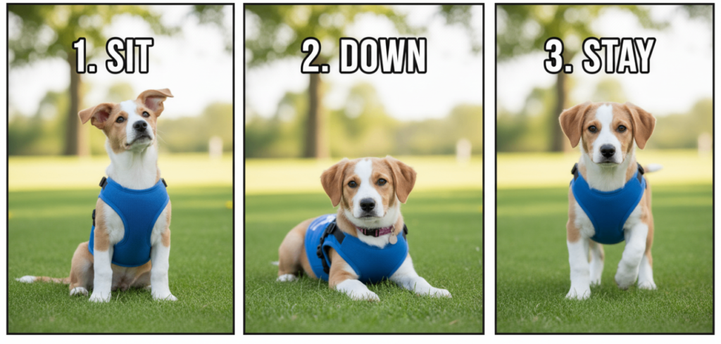 three fundamental commands: sit, stay, come,