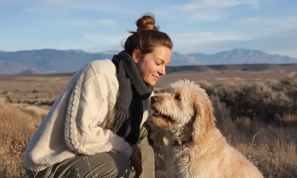 how to train a dog outdoor? .woman crouching outdoors looking affectionately at a fluffy dog training