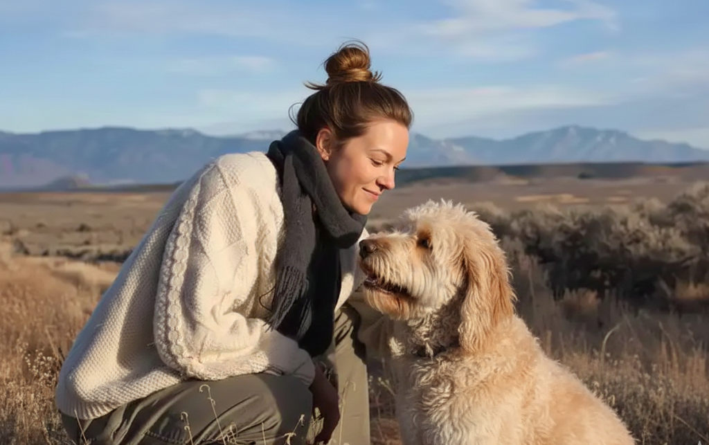 woman crouching outdoors looking affectionately at a fluffy dog and  teach a dog 