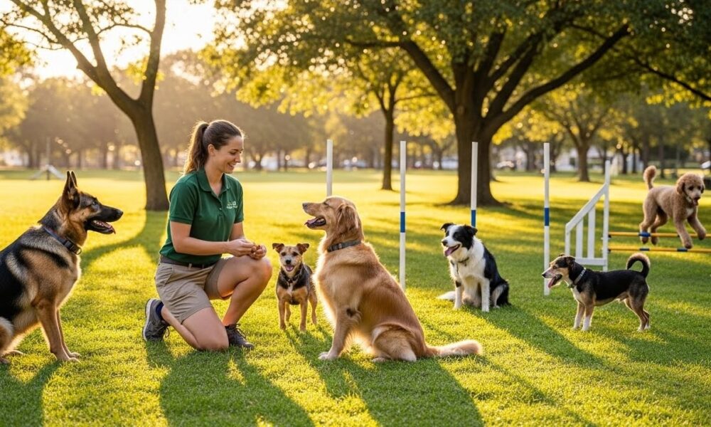 A female dog trainer kneels on grass in a sunny park while several dogs of different breeda sit and wait attentively around her