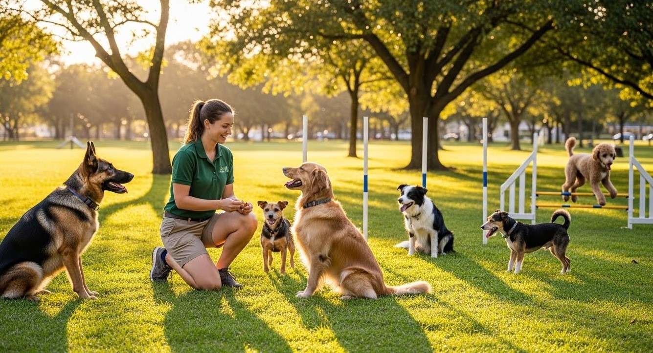 A female dog trainer kneels on grass in a sunny park while several dogs of different breeda sit and wait attentively around her