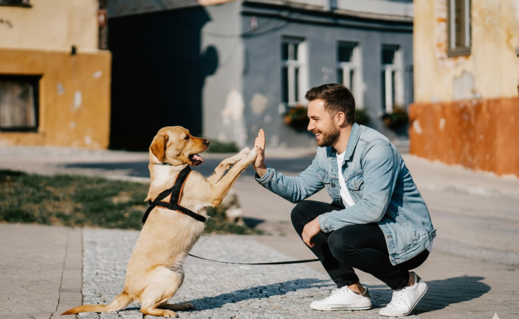  how to training A dog is enjoying with owner during training session.