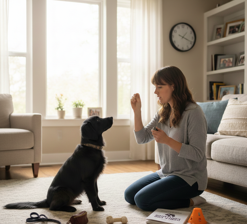  how to dog train in home a woman  trains a black dog in bright living room.