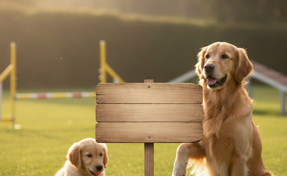 dog training start to early age . dog and puppy sitting in park.