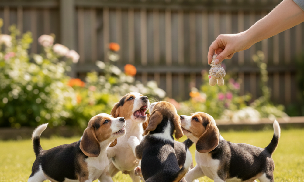 Playful beagle aggressive puppies, puppy training, dog toys, outdoor pet play