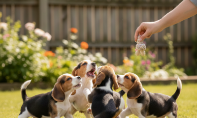 Playful beagle aggressive puppies, puppy training, dog toys, outdoor pet play