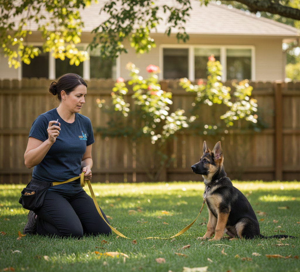 Aggressive puppy training with leash management in outdoor .