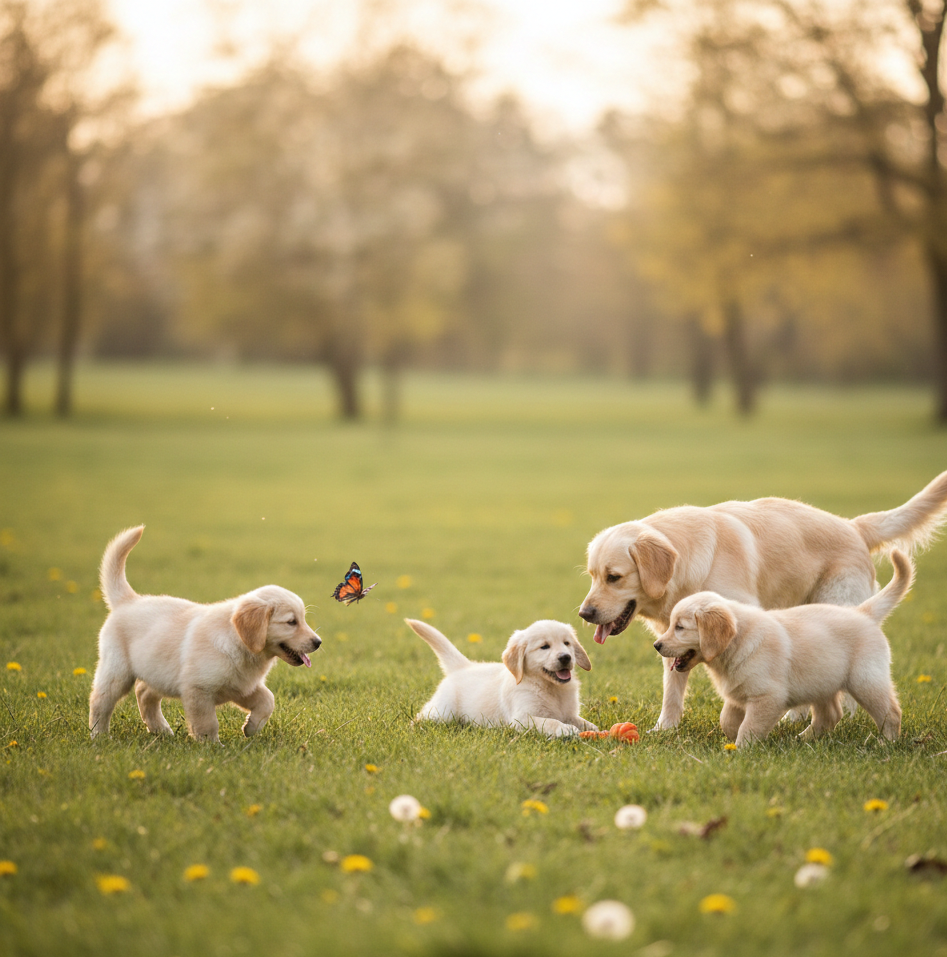 puppy training in park . four puppies are enjoy.