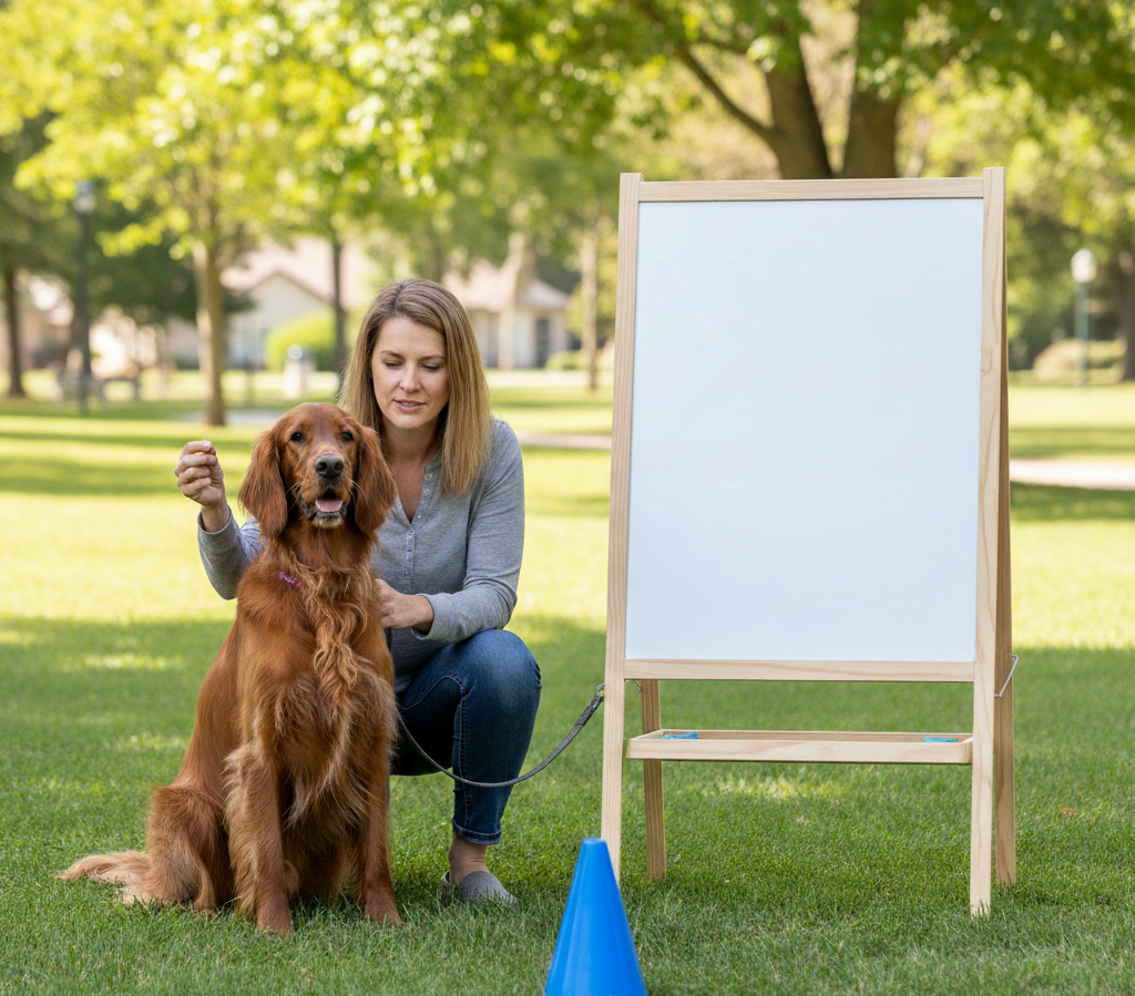 stubborn dog training in park . dog sit on grass.
