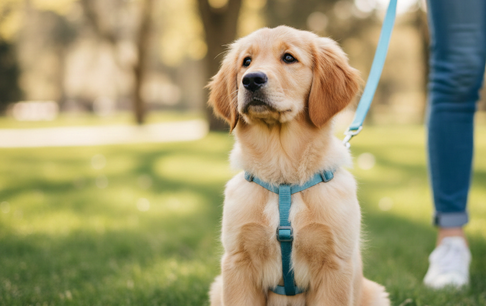 An adorable Golden Retriever puppy sitting on a lush green lawn, wearing a light blue harness and leash. Next to the puppy is a small wooden sign that reads "START EARLY: 8 WEEKS! Positive Reinforcement.