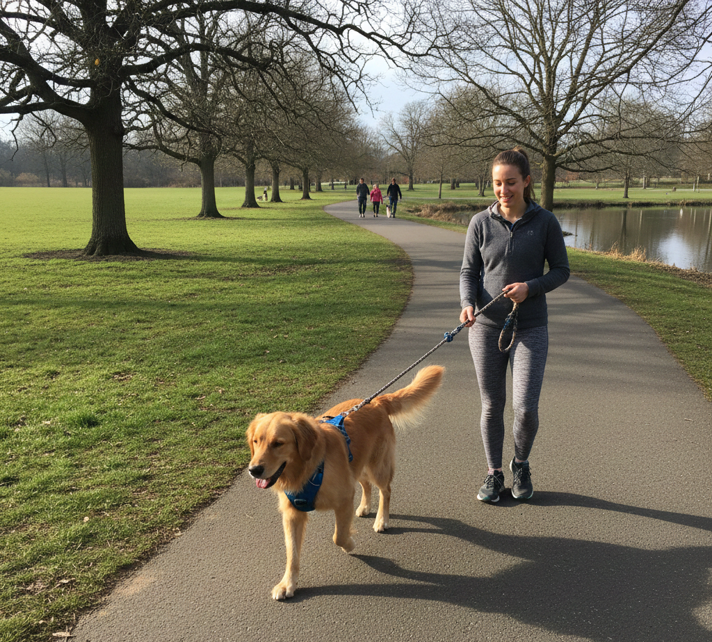puppy leash training  is outdoor.