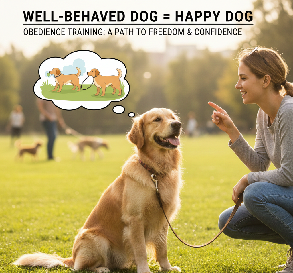  obedience  training a well-behaved Golden Retriever. The dog sits calmly, looking at the woman with its tongue out.