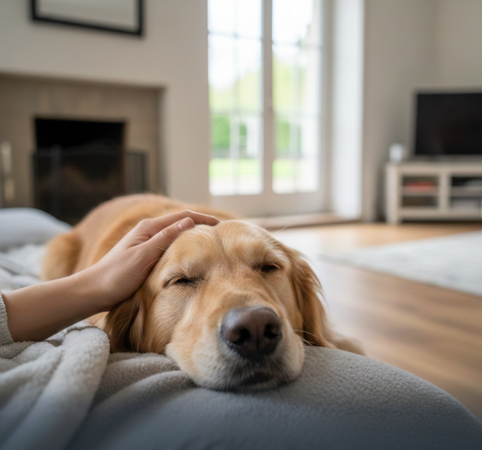 A dog sleep peacefully with owner.