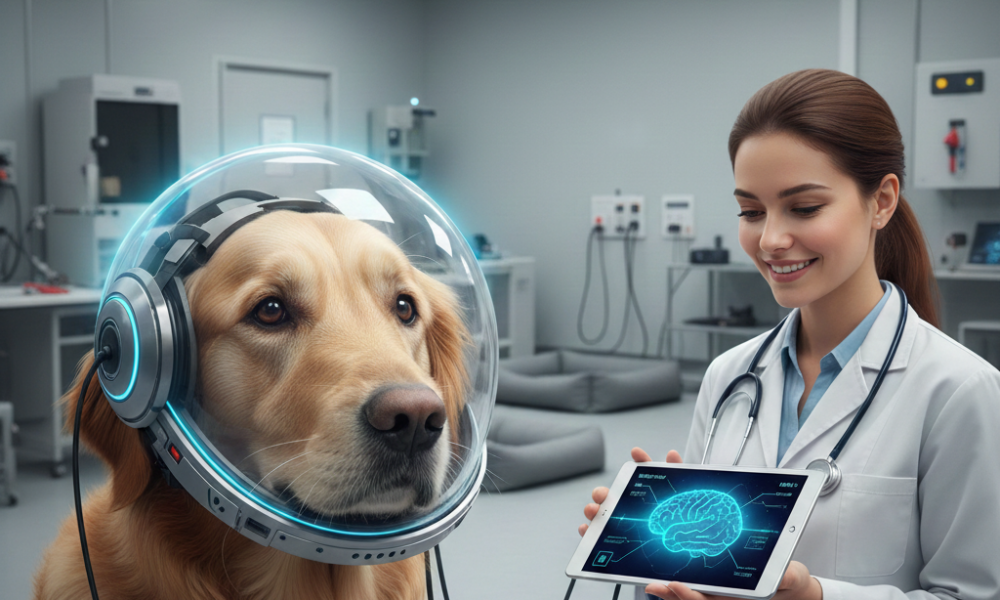A golden retriever sits in a futuristic laboratory setting, wearing a high-tech, glowing glass helmet designed for brain stimulation. A female scientist in a white lab coat smiles while holding a digital tablet that displays a glowing blue 3D model of a canine brain