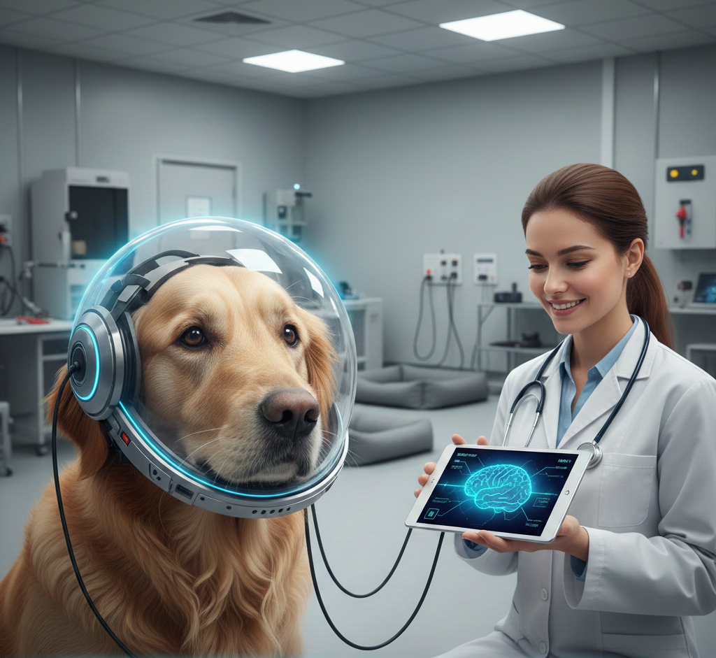 A golden retriever sits in a futuristic laboratory setting, wearing a high-tech, glowing glass helmet designed for brain stimulation. A female scientist in a white lab coat smiles while holding a digital tablet that displays a glowing blue 3D model of a canine brain