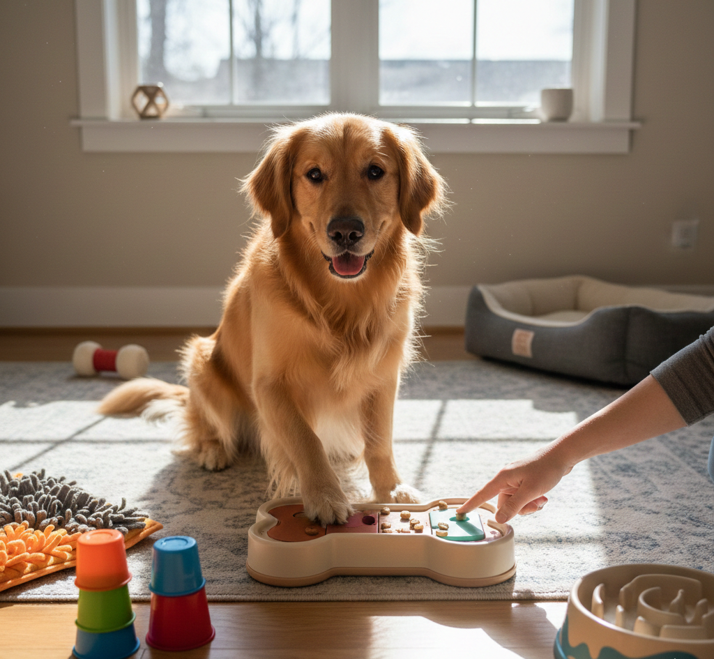 brain training of dog in room with games