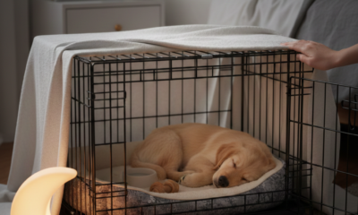 A peaceful golden puppy sleeping soundly in a wire crate at night, partially covered by a soft blanket with a crescent moon lamp glowing nearby.