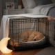 A peaceful golden puppy sleeping soundly in a wire crate at night, partially covered by a soft blanket with a crescent moon lamp glowing nearby.