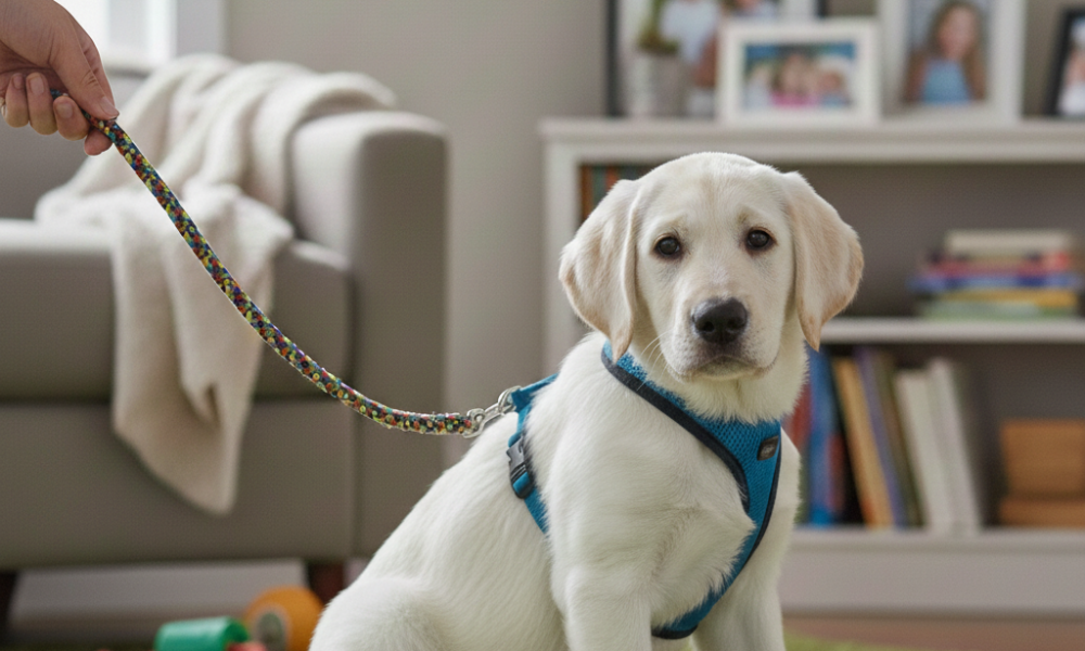 A white Labrador stubborn puppy wearing a blue mesh harness sits firmly on a green shag rug,