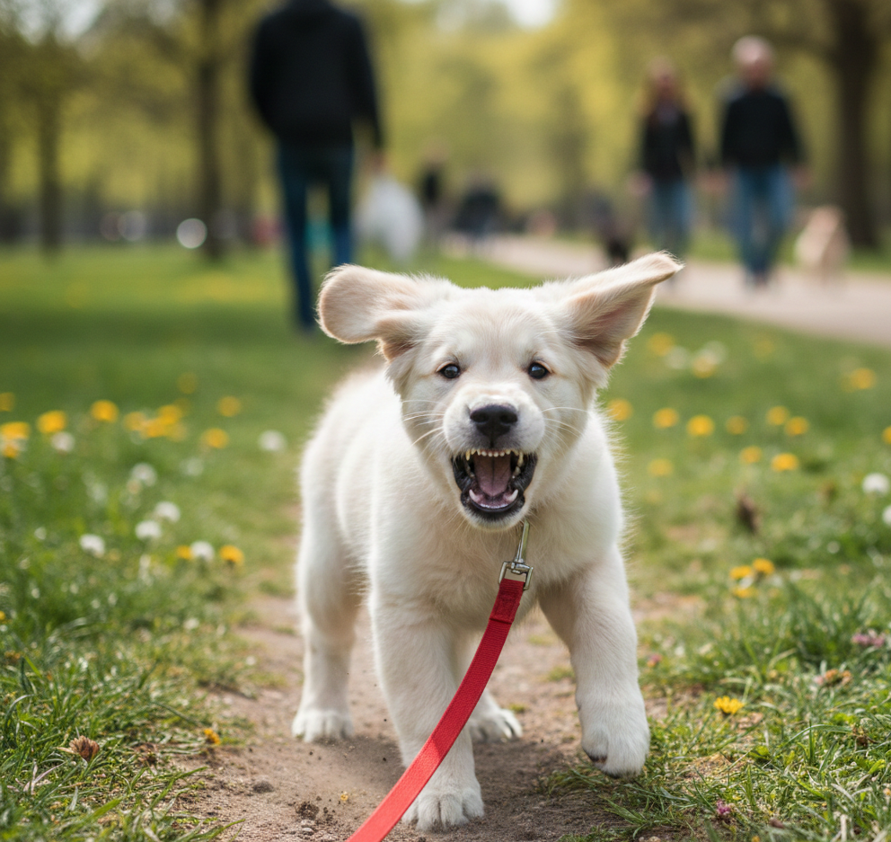 puppy acting aggresively  with the leash