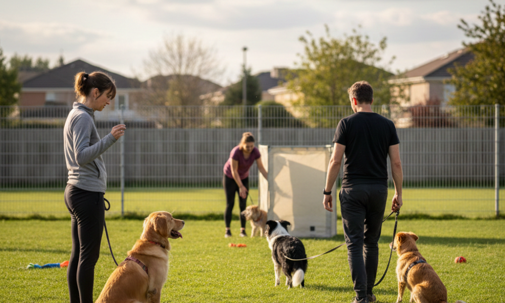 A group of people practicing distance training with a reactive dog and other calm dogs in an outdoor grassy field with professional handlers.