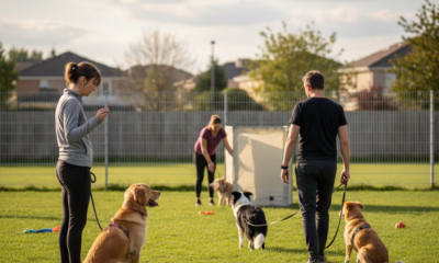 A group of people practicing distance training with a reactive dog and other calm dogs in an outdoor grassy field with professional handlers.