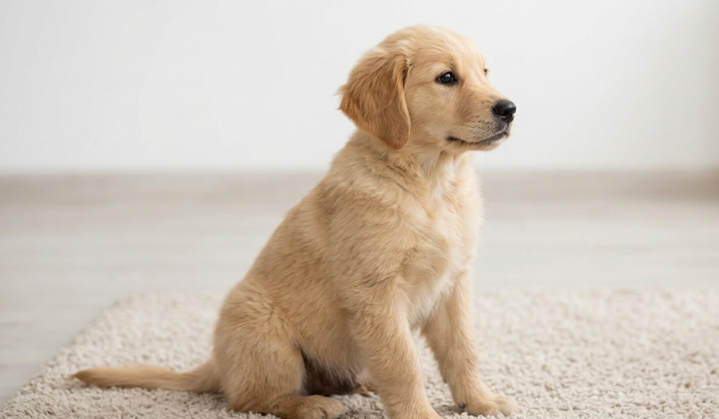 a golden puppy sitting on the floor. teaching your pooch instructions, positive reinforcement training .