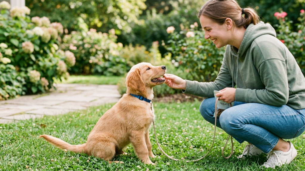 puppy training in the park using positive reinforcement.