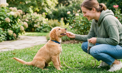puppy training in the park using positive reinforcement.