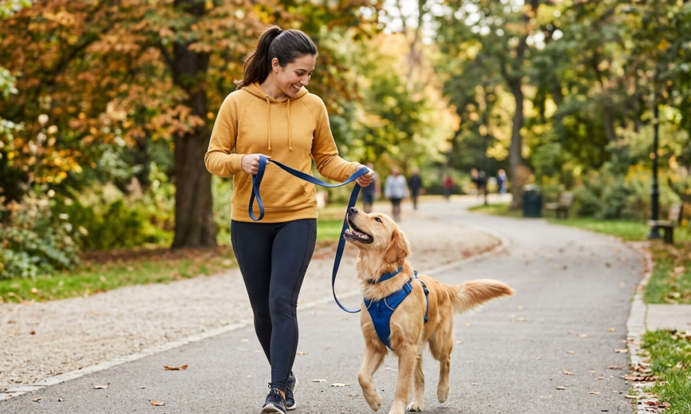 train your dog in the park is best for dog training . a dog traing with leash