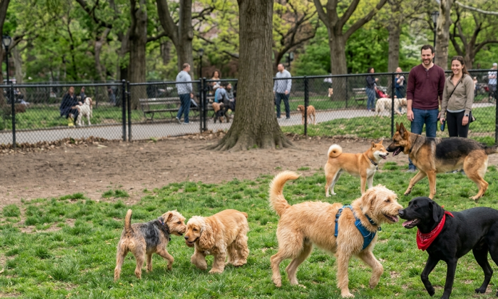 Socialize your dog outside of the home dogs are socialize in park. many dogs are present in the park with owners.