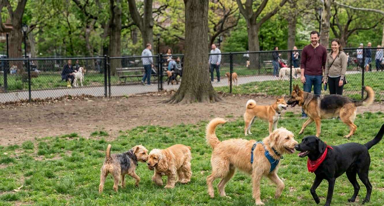 Socialize your dog outside of the home dogs are socialize in park. many dogs are present in the park with owners.