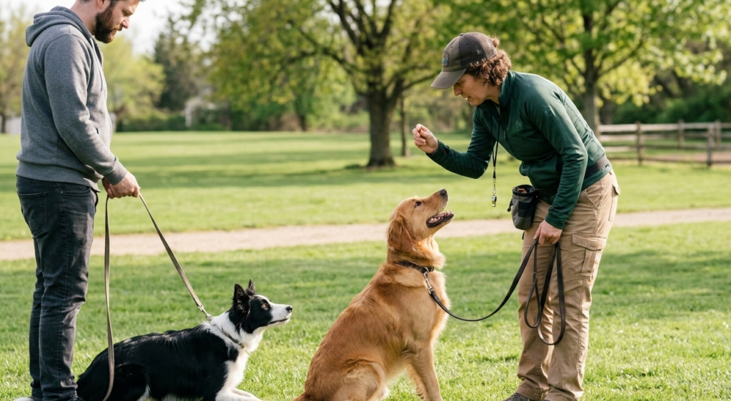 Obedience dog training and techniques in the park with owner