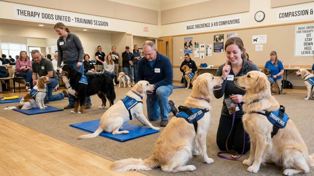 Basic obedience training for therapy dogs