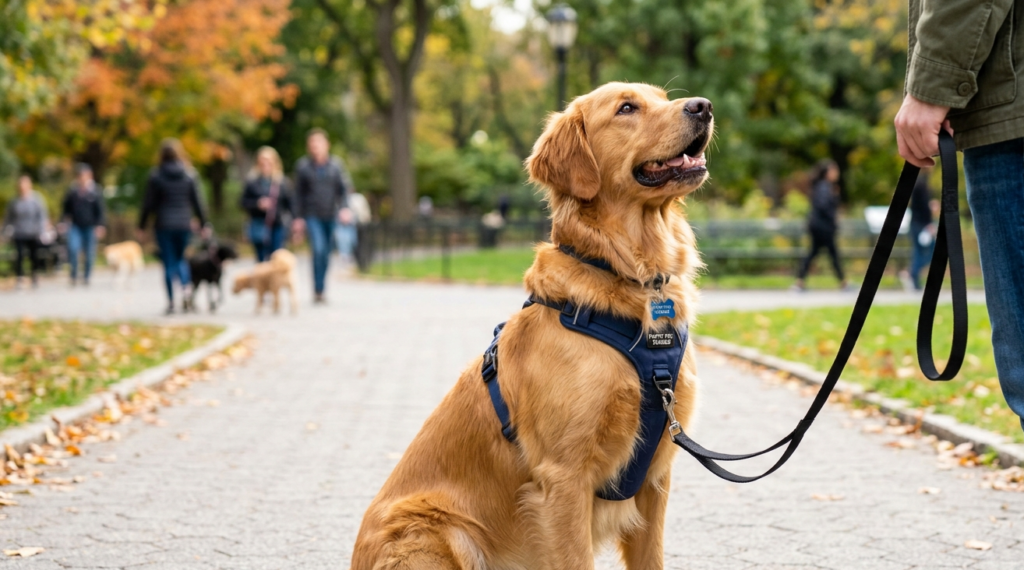 older dog training in park.