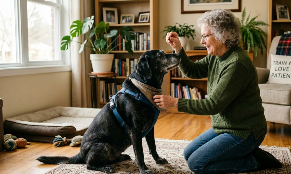 older dog training at home in the living room .a old women sitting with dog.