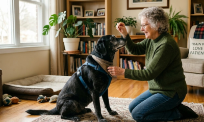 older dog training at home in the living room .a old women sitting with dog.