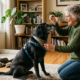 older dog training at home in the living room .a old women sitting with dog.
