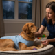 A trainer performing dog training for anxiety with a Golden Retriever wearing a thundervest during a lightning storm to control fear of loud noises.