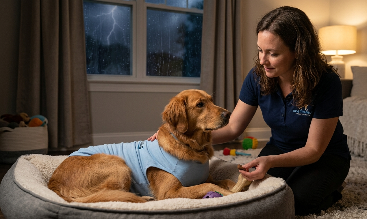 A trainer performing dog training for anxiety with a Golden Retriever wearing a thundervest during a lightning storm to control fear of loud noises.